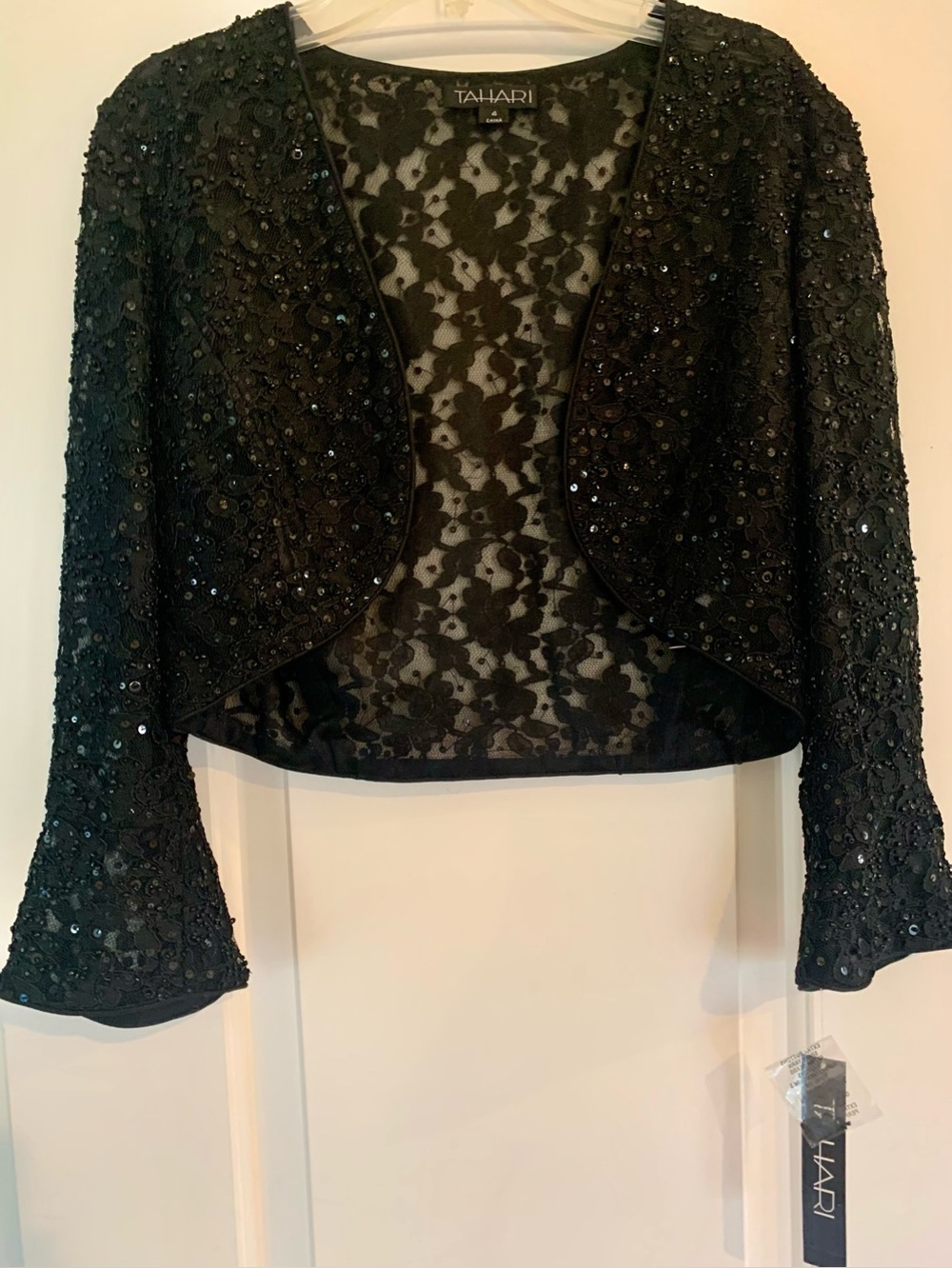 Tahari Black Sequin Lace Cropped Bolero Jacket.